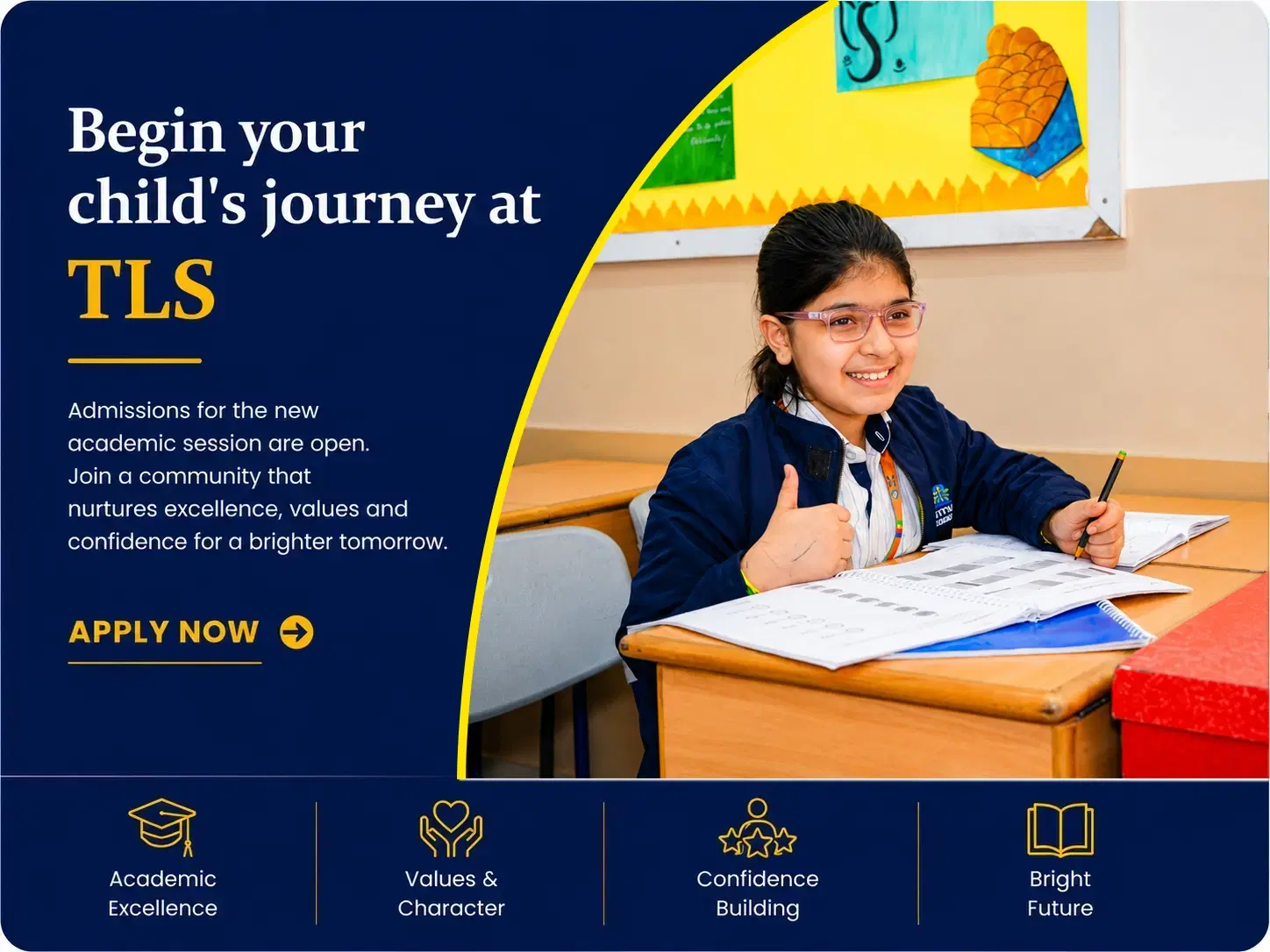 TLS students in front of the school building — admissions open